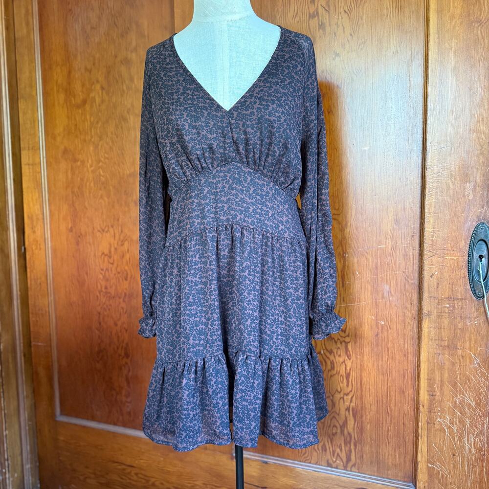 MNG by Mango Brown Black Floral Print Tiered Ruffle Dress Size 6/M Boho Mini